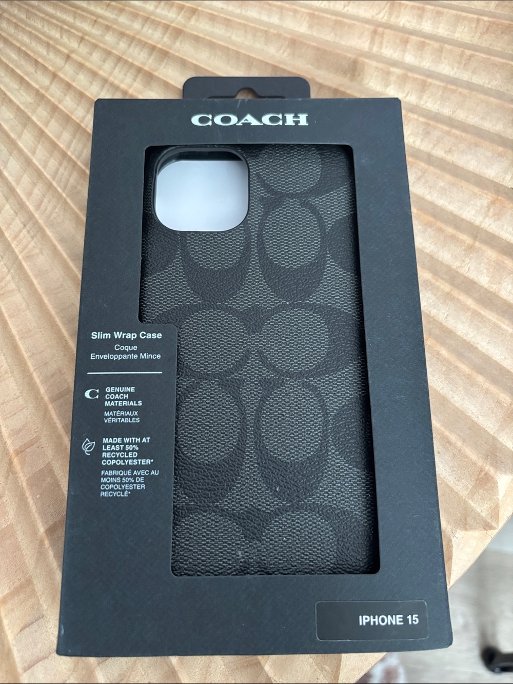 Coach Black Signature Slim Wrap Case for iPhone 15 (Textured Logo Pattern)